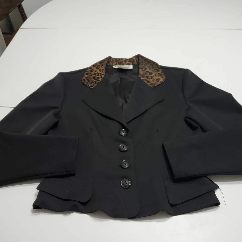 La Belle Womens Suit Jacket Blazer Black Pockets Leopard Trim Collar Juniors 5